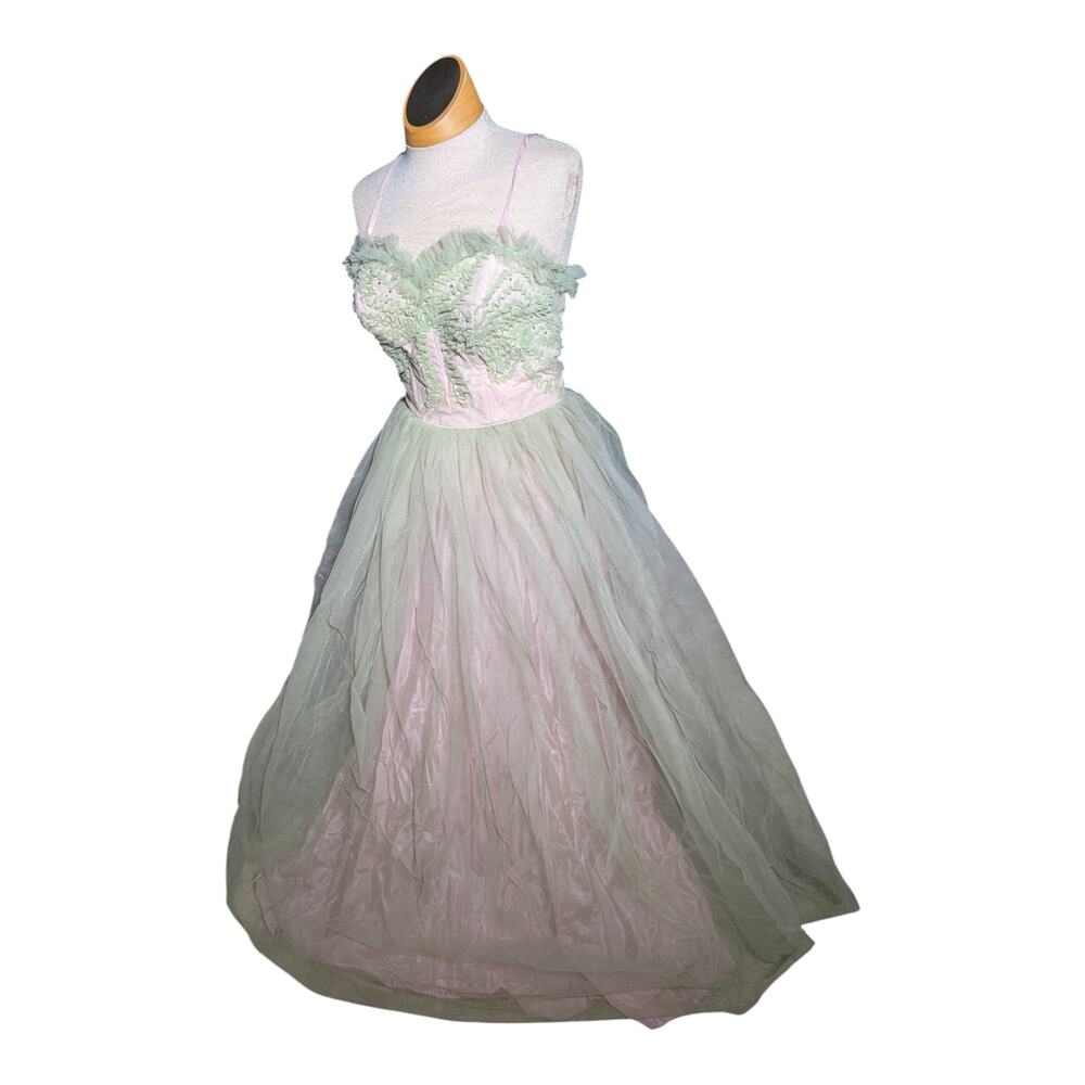 Vtg 1950s Emma Domb Pink Green Layered Tulle Full Length Cupcake Prom Dress Sz 4